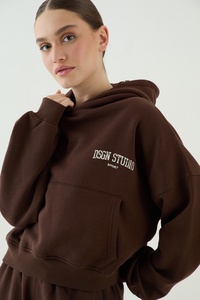 Sudadera con capucha corta marrón para mujer, estilo oversize, de manga larga, informal, de forro polar, con bolsillo canguro, moda urbana - Product Image 4
