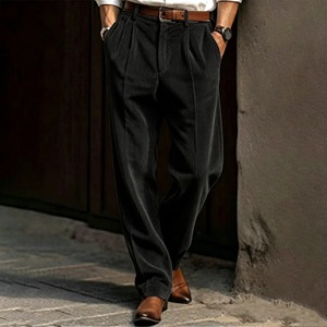 Men's Corduroy Trousers vintage High <b>elastic</b> Waist Pleated straight leg Loose Casual Fashion Breathable Straight Leg Gray Brown - Product Image 3