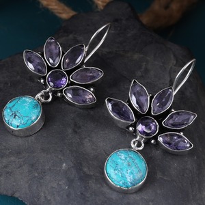 Pendientes de Aro Turquesa Estilo Bohemio Tribal de Moda al por Mayor |   Proveedor de Joyería de Plata Oxidada con Diseño de Flores Étnicas - Product Image 4