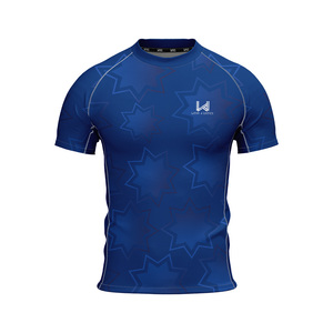 Customized Blue <b>Short</b> Sleeve Crew Neck <b>Compression</b> Shirt Geometric Pattern Quick Dry Polyester Gym Top High Quality Leisure Top - Product Image 1