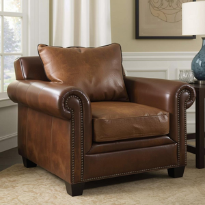 Durable Genuine Leather Armchair Classic Rolled Arm Accent <b>Chair</b> Nailhead Trim Comfortable <b>Single</b> <b>Sofa</b> for Living Room Seating - Product Image 1