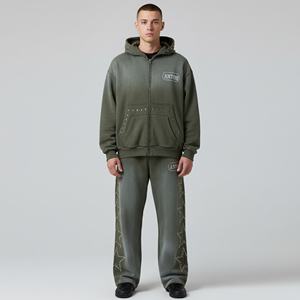 Rhinestone Custom Logo <b>Men's</b> Hooded Casual Solid Drawstring Tracksuit Vintage Jogger Set Autumn Bell Bottom Maternity Four-Way - Product Image 2