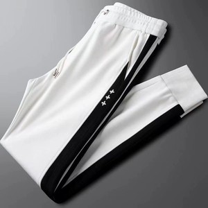 <b>Men's</b> <b>White</b> Flat Front Mid Waist Breathable Canvas Sweatpants Side Stripe Elastic Drawstring Cuffed <b>Jogger</b> Pants Sporty Casual - Product Image 2