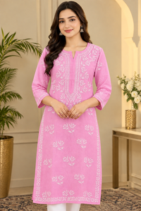 High Demand Pink Chikankari Embroidered <b>Kurti</b> for Women Floral Ethnic <b>Indian</b> Long Tunic Traditional Casual Festive Wear - Product Image 1