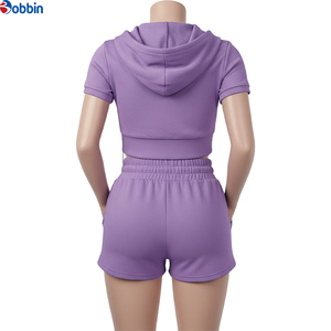 Conjunto Deportivo Casual de 2 Piezas para Mujer, Top Corto con Capucha y Pantalones Cortos, Color Morado, Manga Corta, Transpirable, Tendencia Actual - Product Image 3
