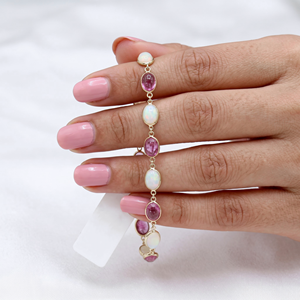 Pulsera de Oro Amarillo de 18K con Ópalo Ovalado Natural y Turmalina Rosa, Joyería Memoria, Venta al Por Mayor - Product Image 2