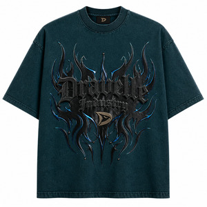 Men’s Oversized Y2K Graphic Tee, Deep Teal Heavyweight Cotton Gothic <b>Flame</b> Streetwear T-<b>Shirt</b> Puff Print with Foil Detail - Product Image 3