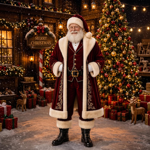 Disfraz de Papá Noel, traje de terciopelo rojo con sombrero y barba con ribete de piel blanca, para hombre adulto, accesorios para fiestas navideñas, precio económico, venta al por mayor. - Product Image 1