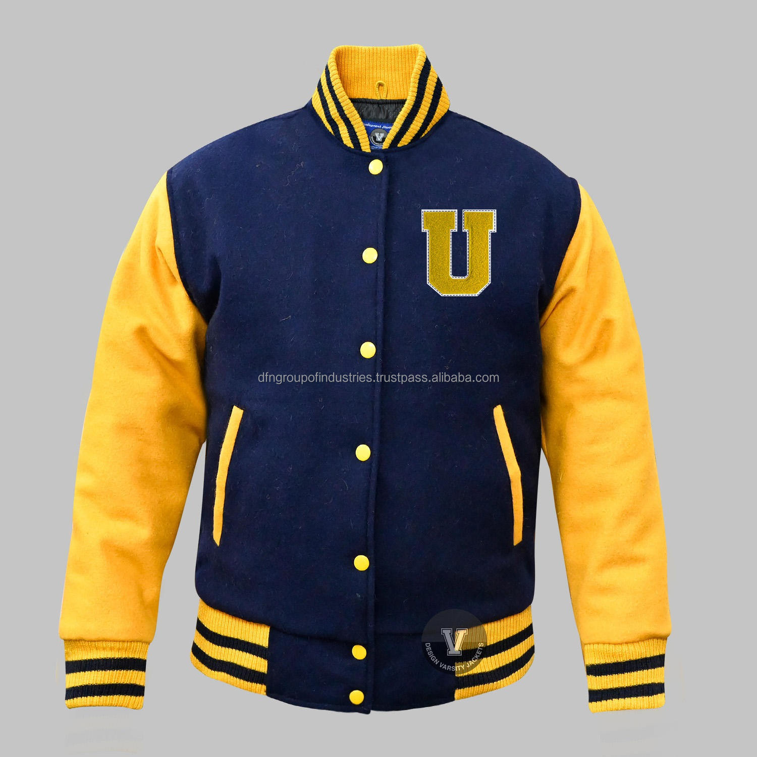 Navy Blue Wool Royal Blue And Gold Varsity Jacket Blue Yellow