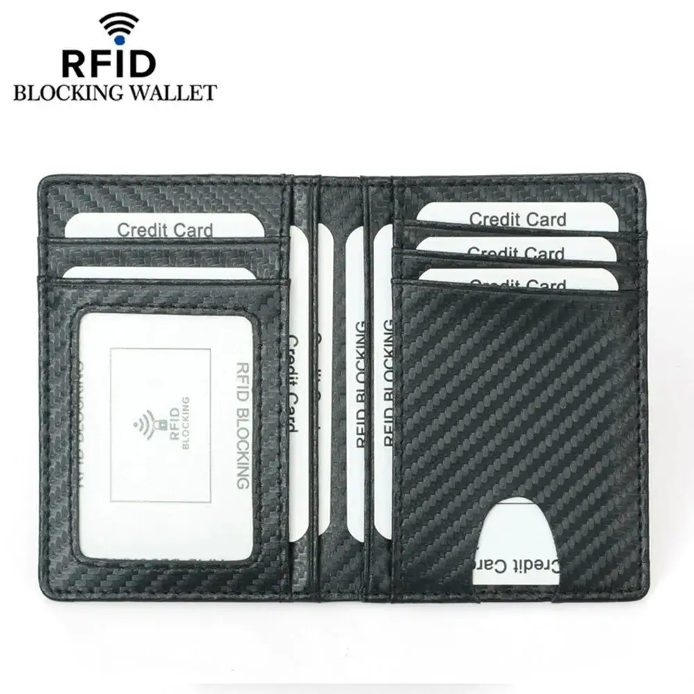 Sottile porta carte di credito in pelle nera in fibra di carbonio sottile portafoglio RFID in pelle porta patente di guida per gli uomini porta carte