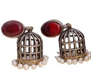 Ethnic Brass Oxidized Indian Jhumka <b>Stud</b> <b>Earrings</b> with Bezel Setting Red Stone Antique Silver Plated for Women's Wedding - Product Image 1