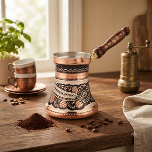 Cafetera turca de cobre oxidado grabado con motivos florales, Cezve, Ibrik árabe, Briki griega, calentador de leche para estufa con mango de madera incrustado - Product Image 4