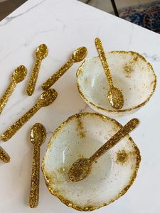 Elegant Salad Serving Spoon Fork Set Designer Gold Finish Serving Spoon Set Handmade Resin Handle Serving Cutlery Set - Product Image 4