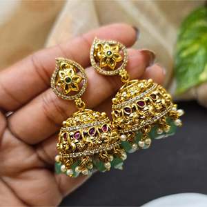 Chandelier Earrings with Green Beads Gold Plated Pearl and Emerald Moon Charm - Product Image 2