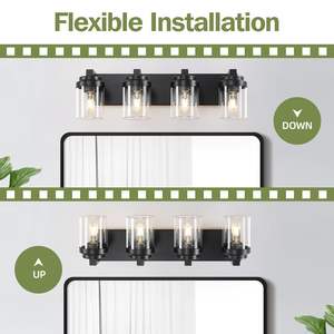 Luminaire de salle de bain à 4 lumières en fer noir mat avec abat-jour en verre transparent pour chambre à coucher et salon - Ampoule non incluse - Product Image 4