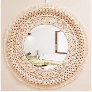 Acacia Wood Bohemian Round <b>Mirror</b> Macram Backing Wholesale | Handcrafted - Product Image 2