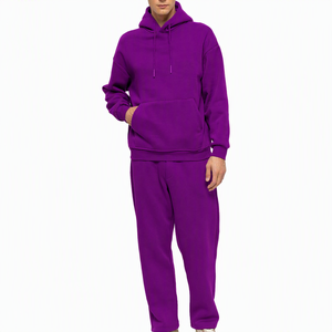 Ensemble de survêtement pour homme, violet, à capuche, 100% coton, couleur unie, coupe ample, sweat-shirt et pantalon long, vêtements d'automne - Product Image 4