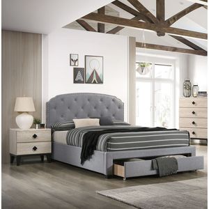 Letto singolo imbottito con testiera trapuntata a bottoni e contenitore, in tessuto di tela grigio chiaro, 1 pezzo - Product Image 5