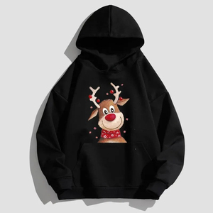 Sweat-shirt à capuche unisexe bleu marine avec imprimé de rennes, poche avant, vêtement décontracté pour l'hiver et Noël - Product Image 2