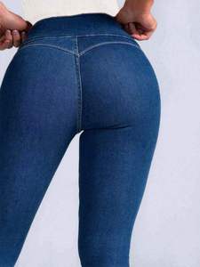 Jean en denim taille haute skinny pour femme, longueur intégrale, couleur unie, boutons sur le devant, style décontracté, mélange coton et élasthanne, collection printemps - Product Image 4