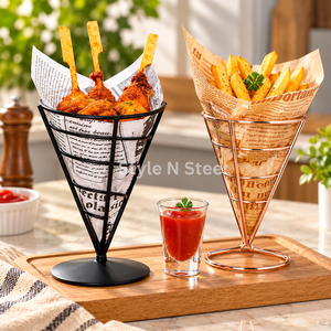 Cesta de alambre metálico negro para alimentos, soporte cónico para freidora, soporte de exhibición para papas fritas, aperitivos y postres en mostrador - Product Image 4