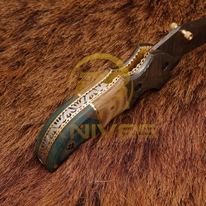 F-14 Damascus Steel Hunting <b>Knife</b> Drop Point Blade With Brass Bolster And Blue <b>Handle</b> 7 Inch Overall Lengthb - Product Image 4