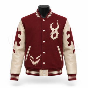 Chaqueta Varsity Bordada Personalizada, Chaqueta de Béisbol de Lana Color Granate con Mangas de Cuero PU, Fabricante Mayorista OEM - Product Image 1