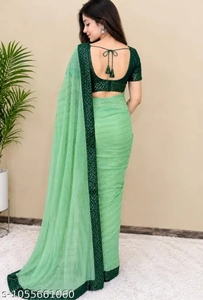 Sari en Georgette Vert Brodé pour Femme K V International, avec Blouse Non Cousue, Séchage Rapide, Style Traditionnel, en Nylon, pour Mariage - Product Image 4