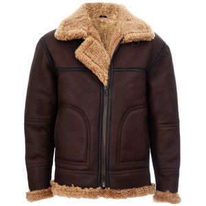 Chaqueta bomber clásica de piel de oveja 100% auténtica, color marrón, talla grande para hombre, para invierno, con forro de piel de borrego cálida. - Product Image 5