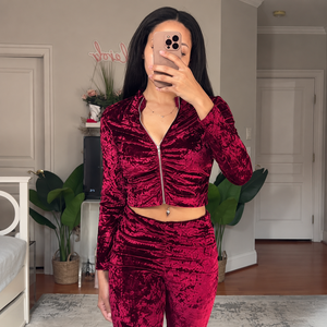 Women's Crushed Velvet <b>Crop</b> Top & Flare Pants Set Full Sleeve <b>Zip</b>-<b>Up</b> Tracksuit Casual Streetwear 2 Piece Outfit - Product Image 1