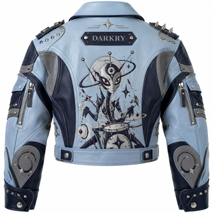 Blouson en cuir pour femme, bleu, imprimé graphique, à clous, style moto, service OEM/ODM personnalisé, fabrication sur commande - Product Image 2