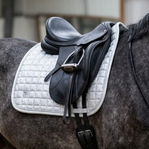 Light Gray Sparkle Dressage Saddle Pad Matching Set Brushing Boots Bell Boots Custom Logo Silver Cord Trim <b>Equestrian</b> Set - Product Image 5
