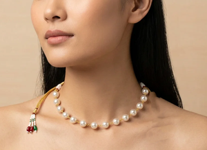 สร้อยคอไข่มุกสีขาวขนาด 10 มม. พร้อมสายสร้อยแบบซาราฟา ดอริ ชุบทอง สำหรับเจ้าสาวอินเดีย เครื่องประดับงานแต่งงานสำหรับผู้หญิง แฟชั่นแบบดั้งเดิม - Product Image 4