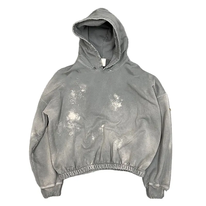 Özel sokak giyim Hoodies puf baskı sıkıntılı yama hoodie sıkıntılı eşofman asit yıkama baggy hoodies boxy fit kırpılmış