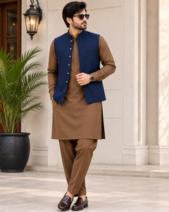 <b>Men</b> Traditional Brown <b>Kurta</b> Pajama With Navy Blue Vest Cotton Casual Wear Ankle-Length Regular Fit India Pakistan Style - Product Image 4