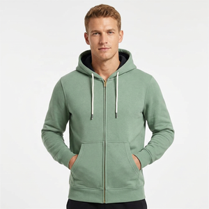 Sweat-shirt à capuche zippé vert uni pour homme, coupe classique, en molleton de coton, pour l'automne - Product Image 1