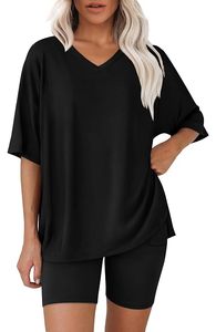 เสื้อยืดลำลองทรงหลวมครึ่งแขนสำหรับผู้หญิงคอวีแฟชั่นอินเทรนด์ - Product Image 3