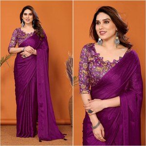 ATTRACTIVE <b>SATIN</b> POLYESTER ZARI WORK SAREE WITH UNSTITCHED <b>BLOUSE</b> WINE - Product Image 1