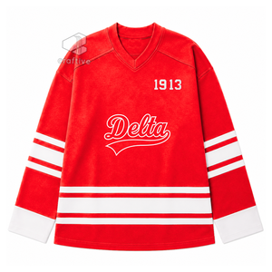 Delta |   Sigma |   Camiseta de Hockey sobre Hielo Theta Sorority, Roja y Blanca, de Malla de Poliéster, Absorbente de Humedad, para Rendimiento Atlético - Product Image 1