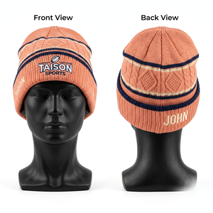 Premium 320 GSM Acrylic Knit Rugby Beanie Red <b>Navy</b> Gold Striped Custom Embroidered Logo Name Cuffed - Product Image 5