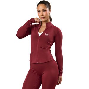 Veste de performance pour femme bordeaux à col montant et fermeture éclair intégrale, à manches longues, haut d'entraînement, pour la course, la gym et les activités sportives, à porter en couche. - Product Image 1