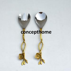 Ensemble de serveurs à salade de luxe en acier inoxydable, finition miroir, moderne, élégant, unique, avec manche en métal en forme de branche - Product Image 5