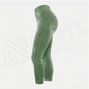 Pantalon de yoga vert taille haute avec poches, longueur mollet, en coton et élasthanne, extensible dans les quatre sens, couleur unie, taille élastique - Product Image 3