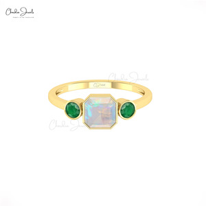 Chordia Jewels 14K Solid <b>Gold</b> Natural 6mm Opal Octagon <b>Ring</b> Bezel <b>Set</b> With Emerald Side Stones Women's Classic Engagement <b>Ring</b> - Product Image 1