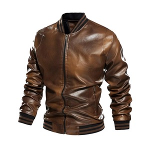 Chaqueta bomber de PU marrón para hombre, cuello vuelto, corte regular, color sólido, cierre de cremallera, estilo casual para otoño, chaqueta de moto para hombre - Product Image 5