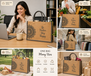 Bolso Tote Grande de Yute Estilo Boho con Estampado Mandala 'Be Positive Stay Happy', para Compras Diarias, con Asa Larga - Product Image 3