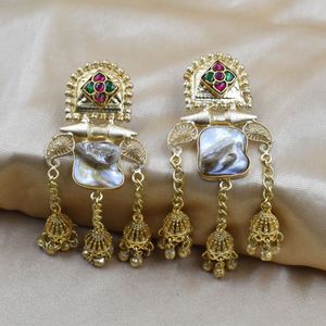 partywear traditional latest beautiful meenakari golden matte finishing brass stone <b>stud</b> hoop earing for girls and women - Product Image 3