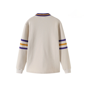Custom Omega Neutral Fraternity <b>Cardigan</b> Men's Off White 100% Cotton Fleece Sweater Purple Gold Stripe Greek Wholesale Buyers - Product Image 2