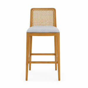 Wholesale Oscar Premium Solid Teak Wood Scandinavian Monroe Upholstered Rattan <b>Stool</b> Bar Chair <b>Cushioned</b> Seat Cane Back Durable - Product Image 3