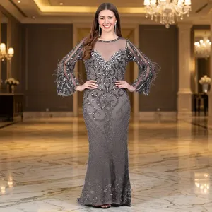 Robe de soirée grise à paillettes et perles, manches évasées, col en V, coupe trapèze, longue, pour banquet et mariage - Product Image 1